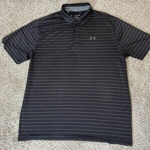 Under Armour Polo Shirt Mens XL Black Gray Striped Playoff Loose Fit Golf